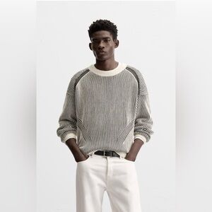 Zara Textured Stripe Knit Sweater Relaxed Neutral L